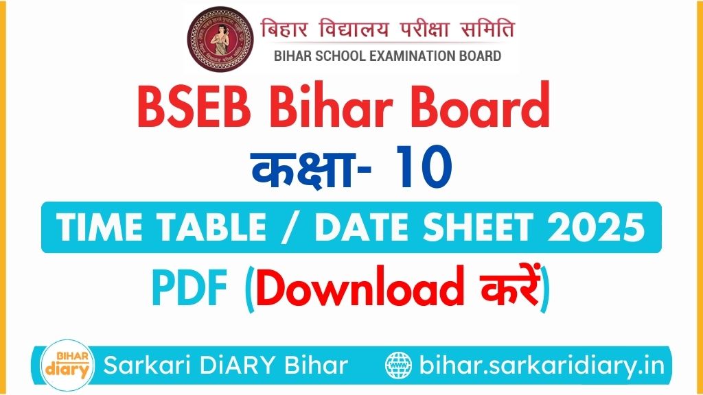 BSEB Bihar Board Class 10th Time Table & Date Sheet 2025